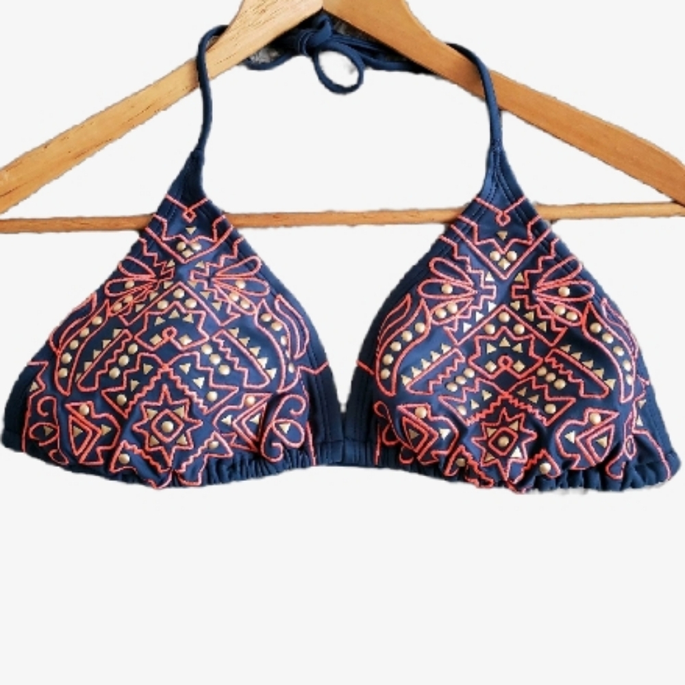 Xhilaration Dark Blue Bikini Top Bright Orange Geometric Embroidered Studded